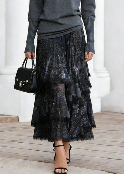 Black Print Elastic Waist Lace a Line Skirts