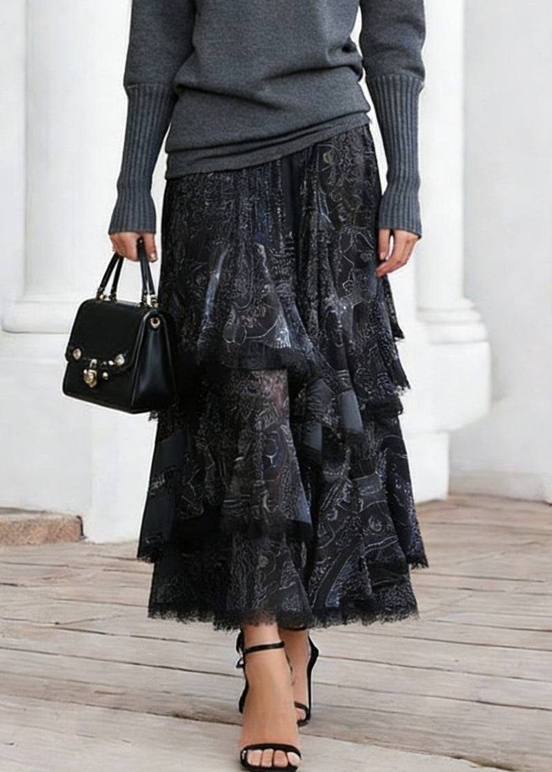 Black Print Elastic Waist Lace a Line Skirts
