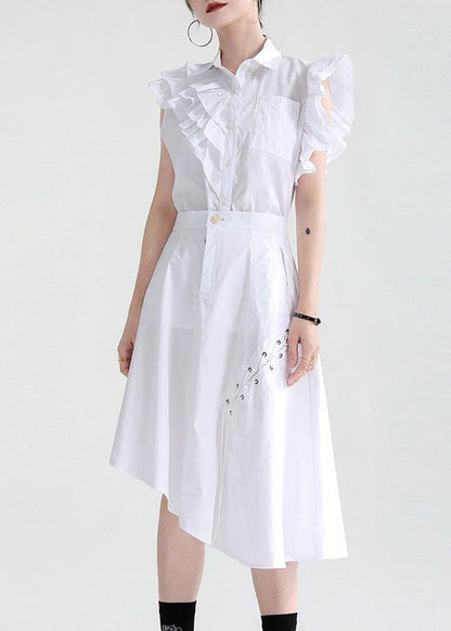 White Asymmetrical Design Pockets Blouse Top