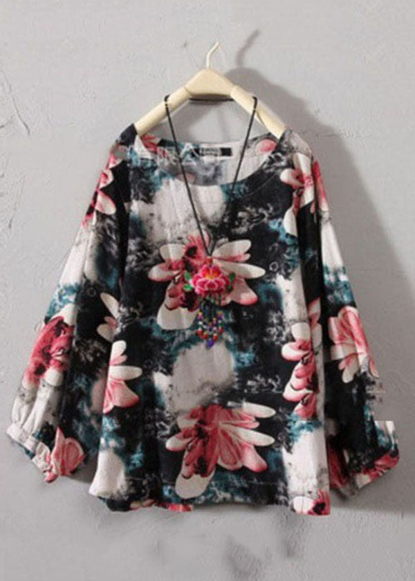 Red O-neck Print Cotton Top Long Sleeve