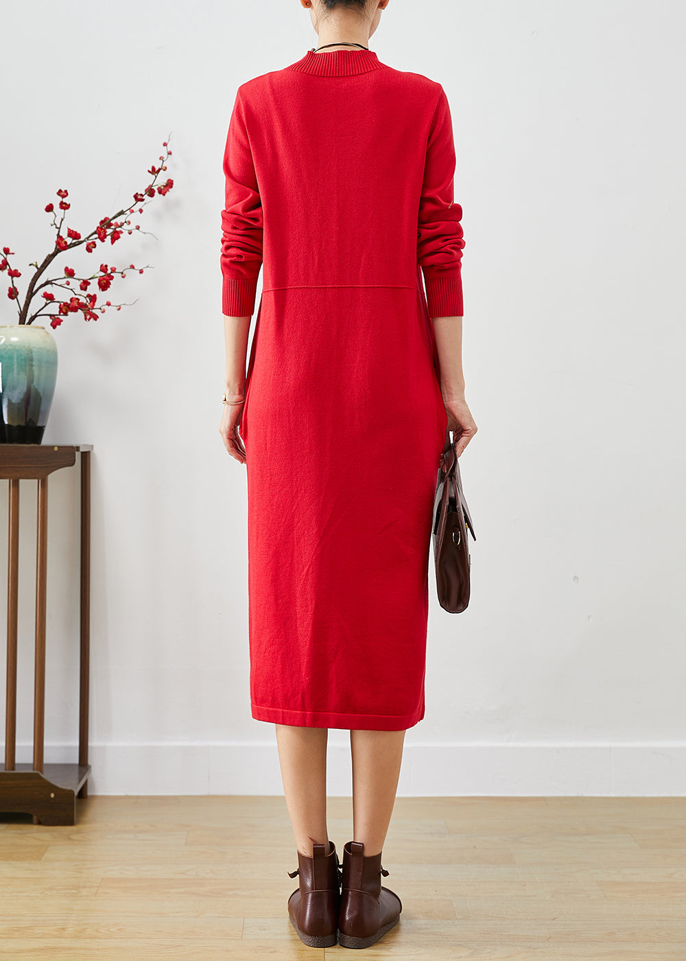 Red Asymmetrical Side Open Silm Fit Knit Dresses Fall