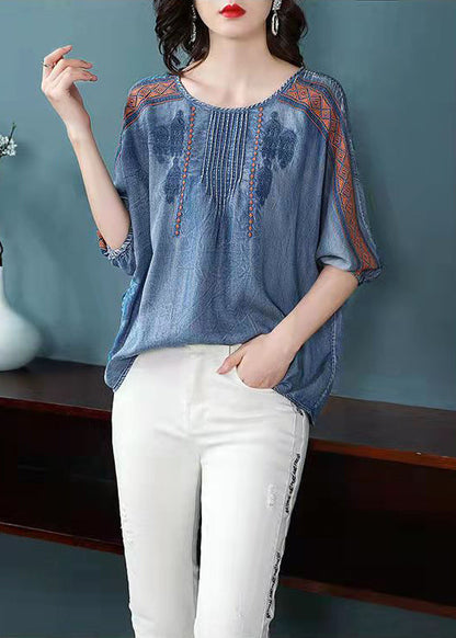 French Blue O-neck Embroideried Cotton Shirt Top Lantern Sleeve