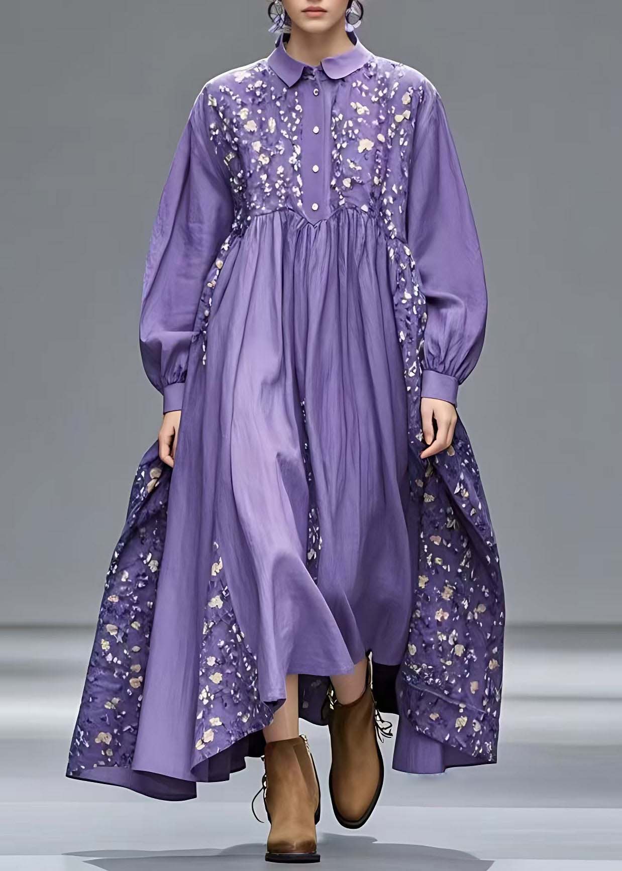 French Purple Peter Pan Collar Patchwork Long Dresses Long Sleeve Spring