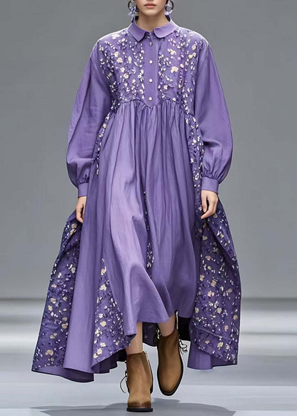 French Purple Peter Pan Collar Patchwork Long Dresses Long Sleeve Spring