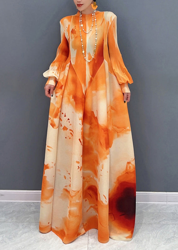 Orange Stand Collar Wrinkled Chiffon Long Dress Spring