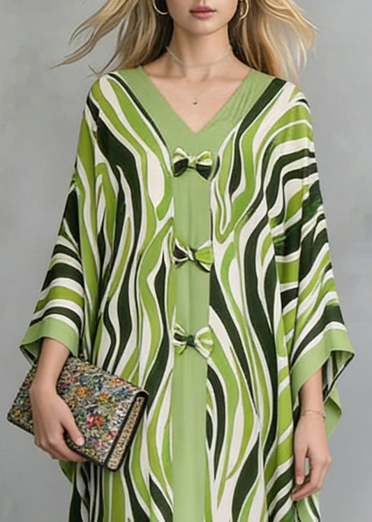 Grass Green Oversized Print Maxi Dresses Batwing Sleeve