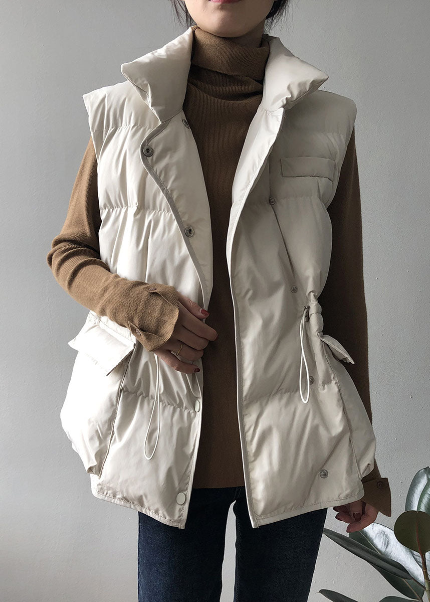 White Button Drawstring Winter Sleeveless Down Vest