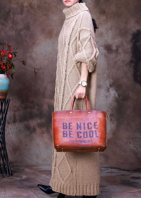 French Khaki Turtle Neck Hollow Out Knit Winter Sweater Dress
