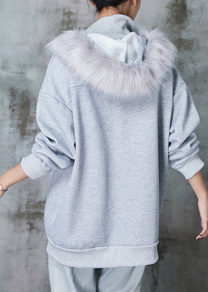 Grey Hooded Pockets Warm Fleece Sweatshirt Coats Spring