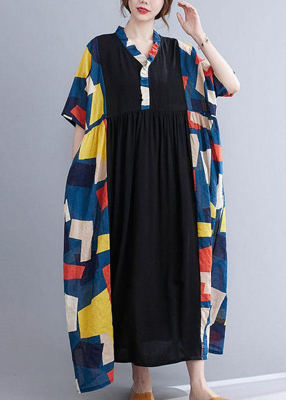 Black Loose Ruffles Pockets Patchwork Summer Dress Half Sleeve