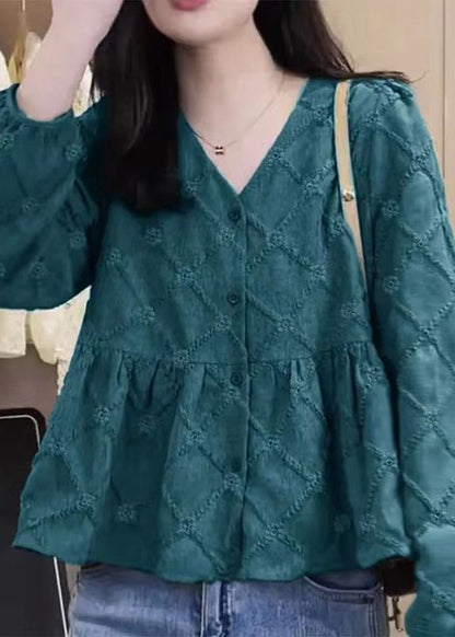 New Rose V Neck Button Patchwork Cotton Shirt Fall