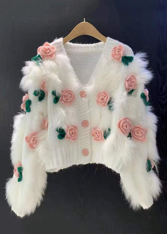 Pink V Neck Button Patchwork Knit Cardigan Winter