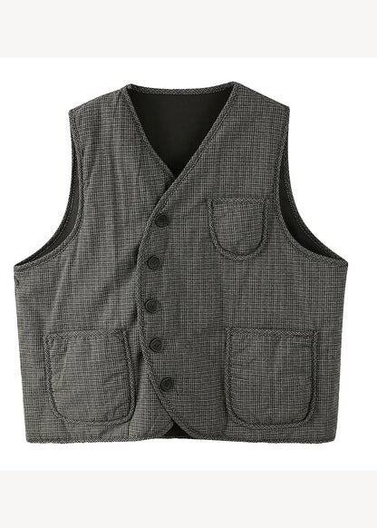 Black V Neck Plaid Pockets Fine Cotton Filled Vest Sleeveless