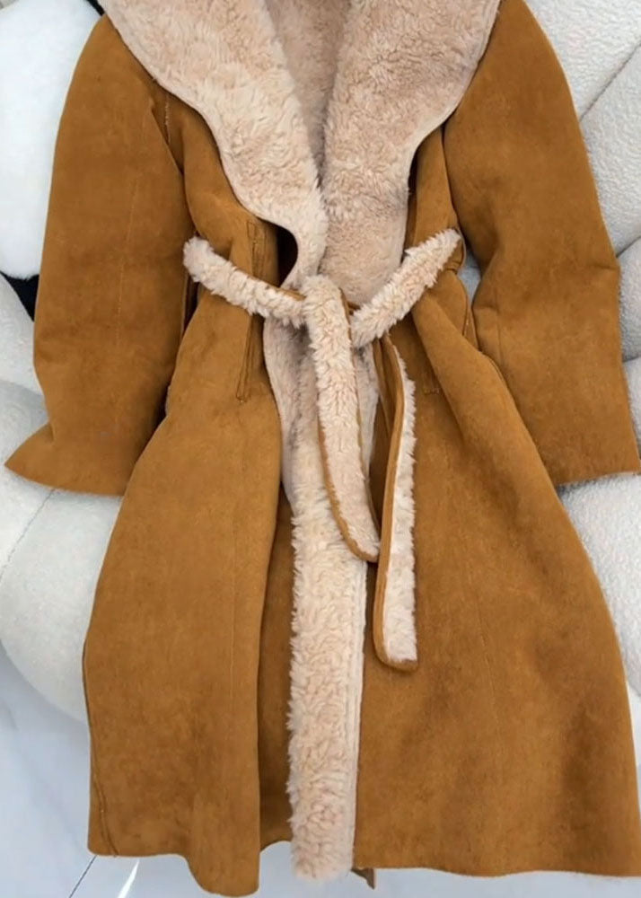 Brown Hooded Tie Waist Fleece Wool Lined Coat Winter