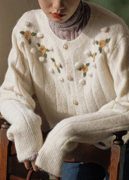 Beige Embroideried Button Patchwork Knit Coats Fall