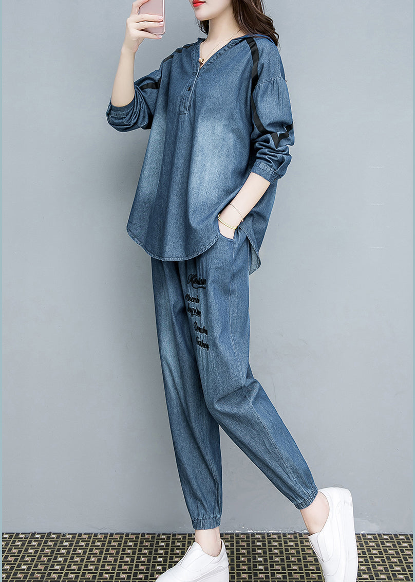 Blue Embroideried Cotton Hooded Coats and Pants Two Pieces Set Fall