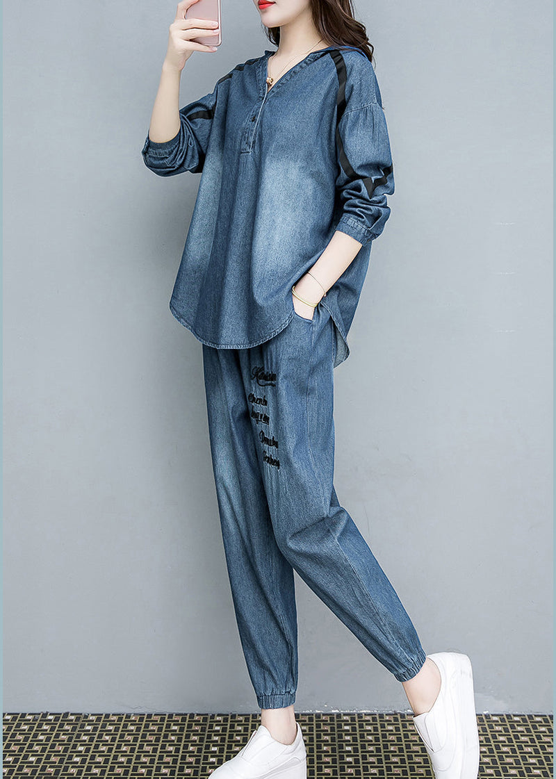 Blue Embroideried Cotton Hooded Coats and Pants Two Pieces Set Fall