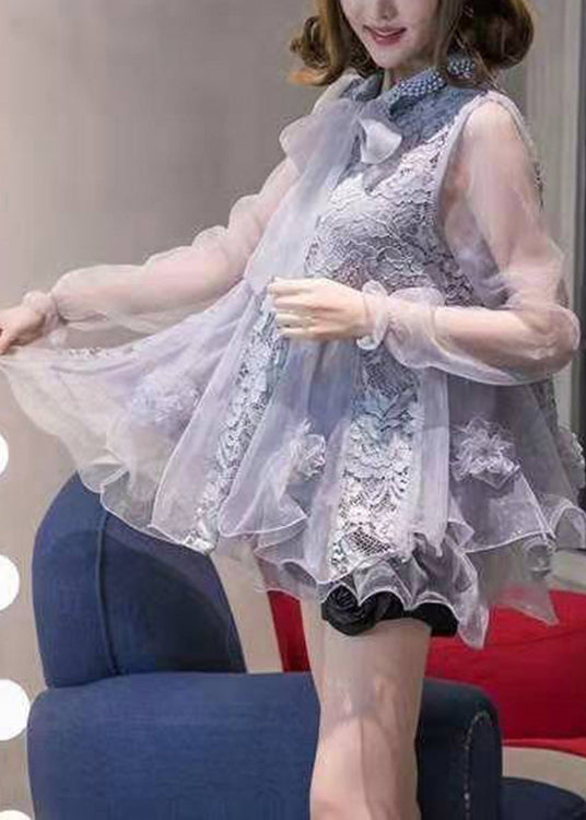 Stylish Silver Ruffled Patchwork Organza Tops Spring