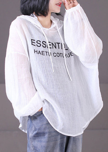 White Hooded Letter Print Cotton Upf 50+ Sweatshirt Top Long Sleeve