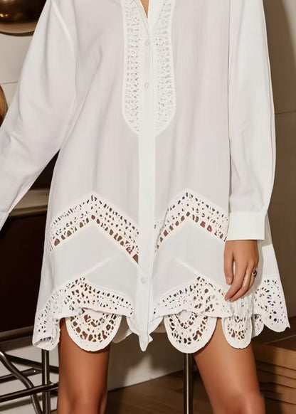 White Oversized Hollow Out Cotton Shirt Dress Spring