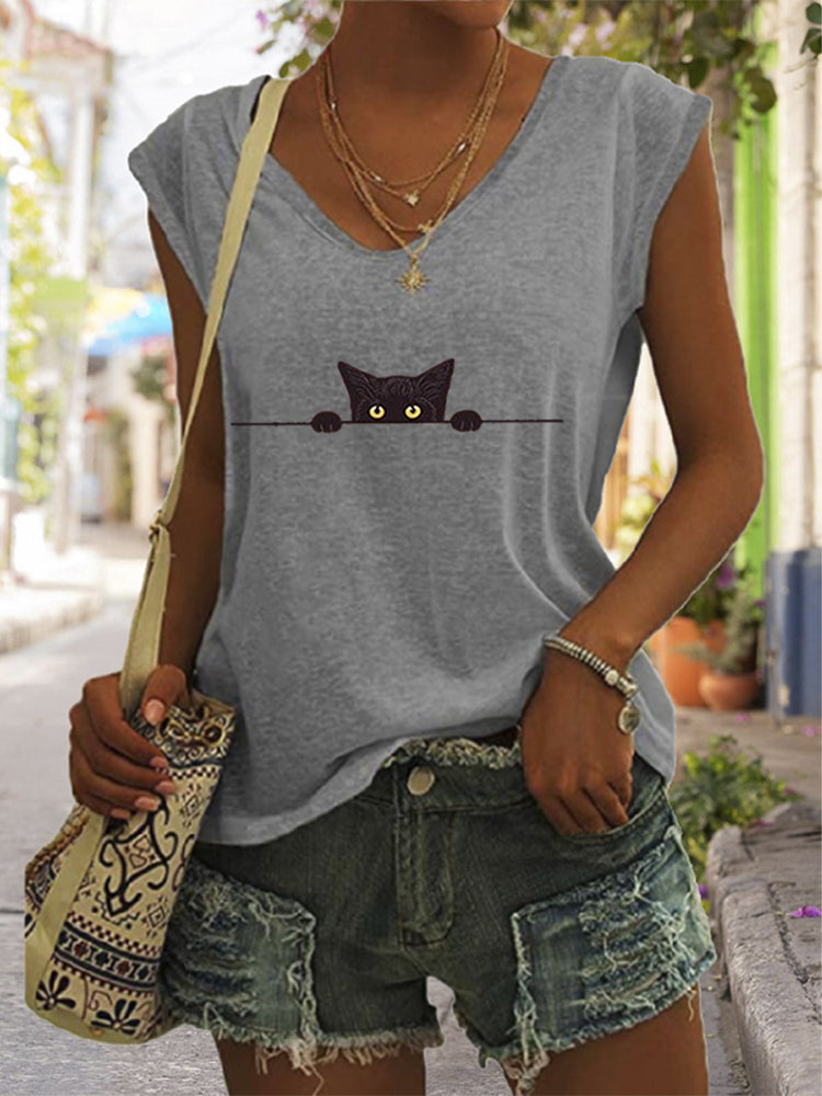 Comstylish Women's Casual Black Cat Print Vest