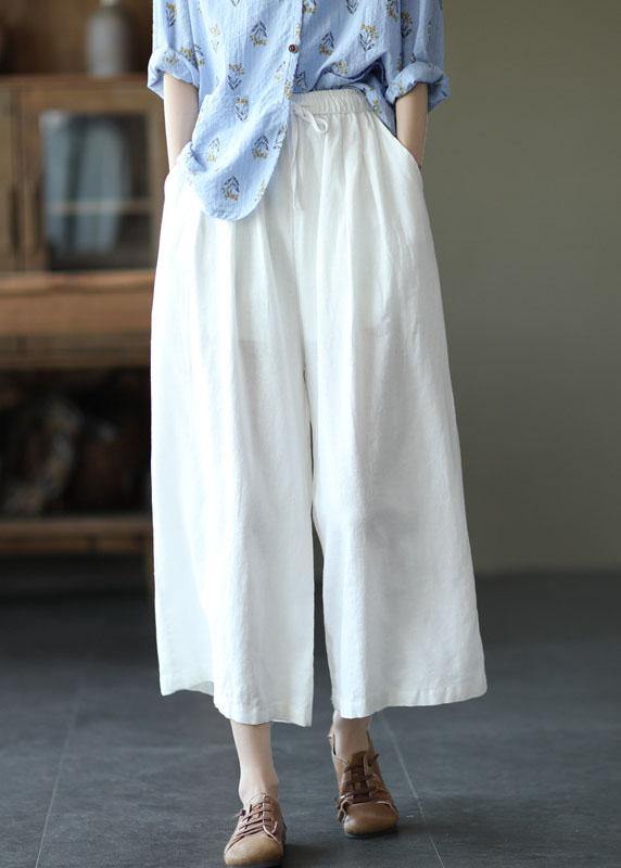 Beige Elastic Waist Tie Waist Wide Leg Pants Linen