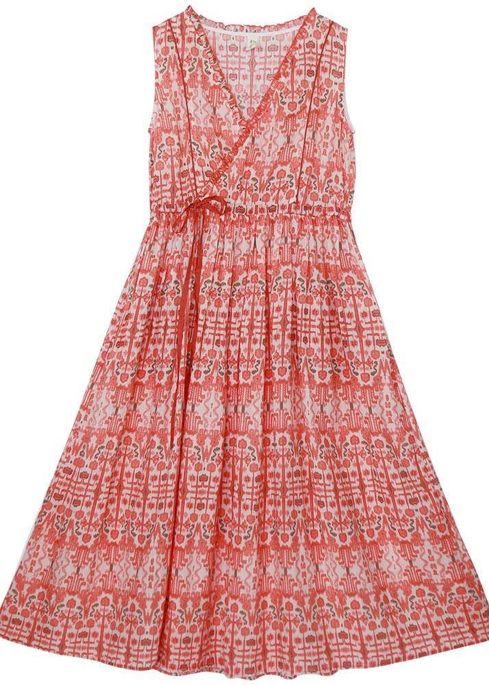 Orange Print Cinched Ruffled Summer Linen Dress