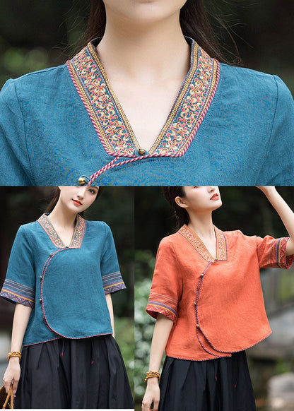 Art Peacock Blue Style Embroideried Linen Top Half Sleeve