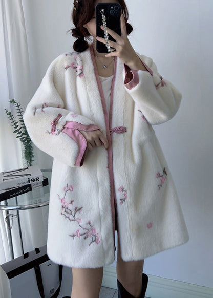 Chinese Style Apricot V Neck Button Drawstring Mink Cashmere Coats Winter
