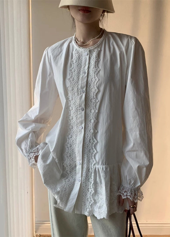 White Lace Button Cotton Shirt Fall