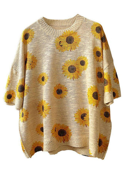 Khaki Knit O-neck Loose Fall Half Sleeve Top