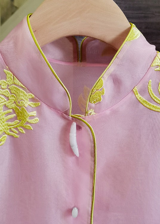 Pink Stand Collar Embroideried Patchwork Silk Vest Sleeveless