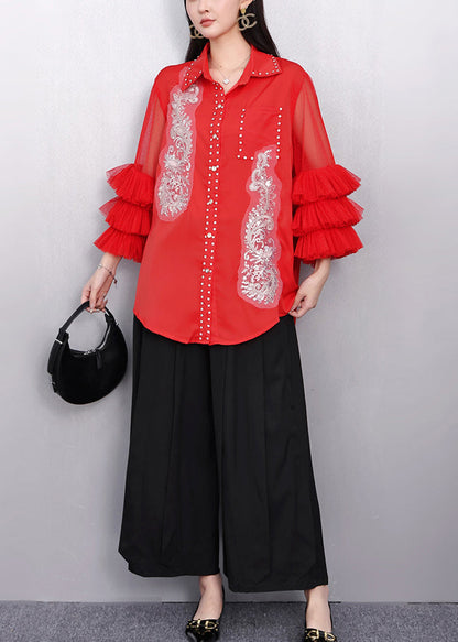 Red Embroidered Chiffon Top Flare Sleeve