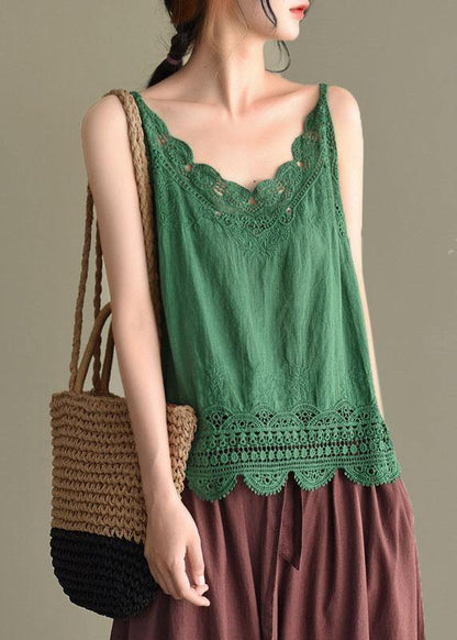 Pink Embroideried Lace Hollow Out Summer Cotton Vest Sleeveless
