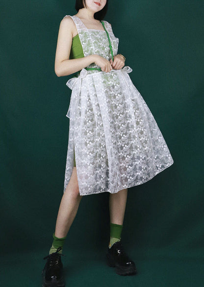 White Embroideried Bow Tulle Vacation Strap Dresses Summer