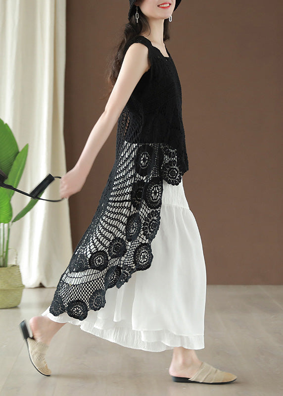 Black Asymmetrical Hollow Out Low High Design Cotton Top Summer
