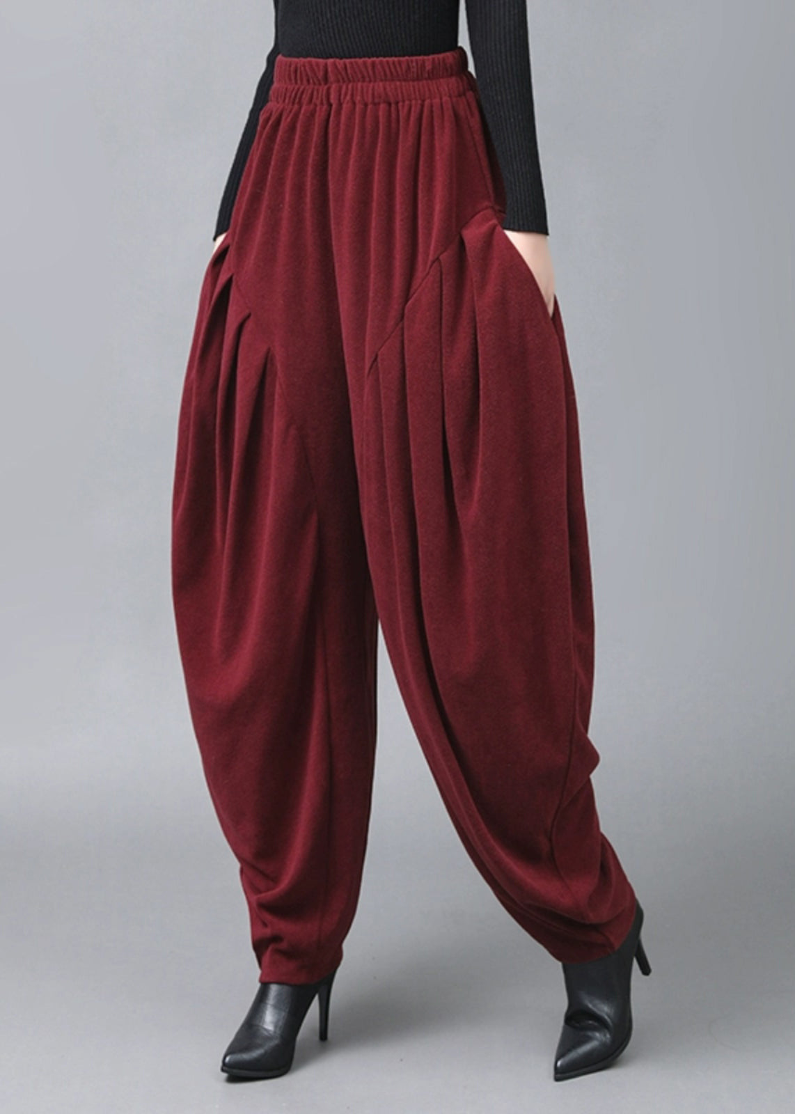 Italian Mulberry Wrinkled Pockets High Waist Cotton Lantern Pants Spring