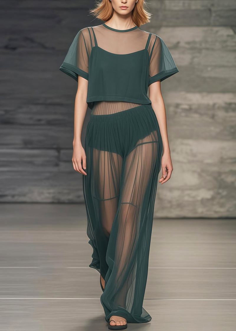 Tea Green Patchwork Tulle Sheer Two Piece Set Clothing Summer