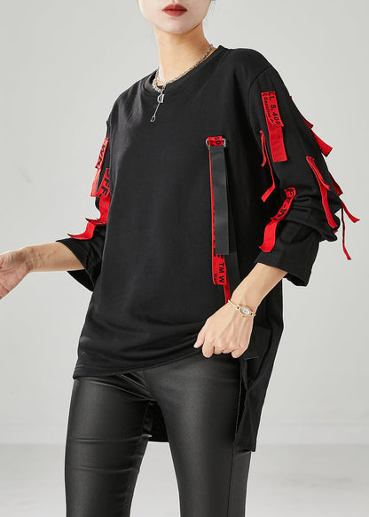 Unique Black Oversized Applique Cotton Pullover Fall