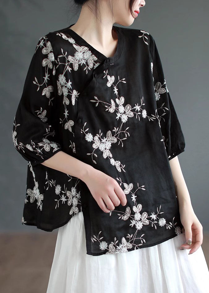 Black Asymmetrical Button Patchwork Linen Shirt Summer