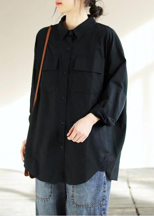 Italian Lapel Pockets Spring Tops Black Blouses