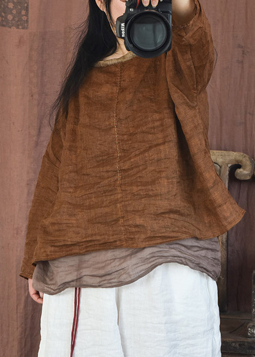 Coffee Cozy Patchwork Linen Shirts O-neck Long Sleeve