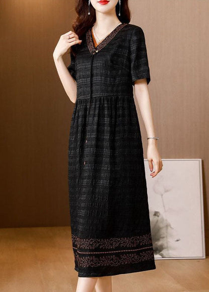 Black V Neck Wrinkled Silk Long Dress Summer