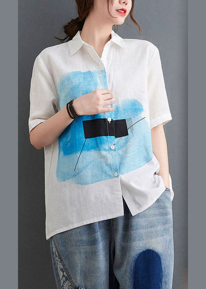 White Peterpan Collar Button Print Fall Half Sleeve Shirt Top