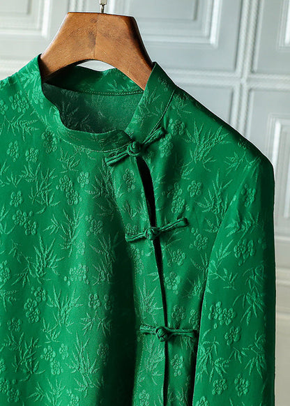 Retro Green Mandarin Collar Button Asymmetrical Design Jacquard Silk Shirts Spring