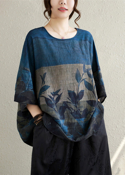 Navy Oversized Print Linen Tanks Summer