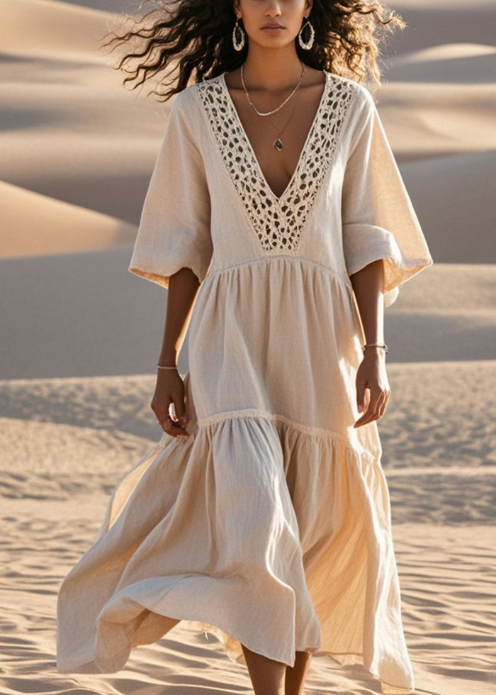 Beige Hollow Out Patchwork Cotton Loose Dress Summer