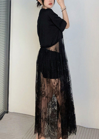 Black Oversized Patchwork Lace Robe Dresses Summer