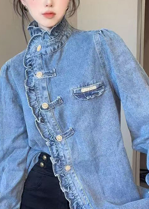 Blue Ruffled Button Patchwork Cotton Shirt Top Fall