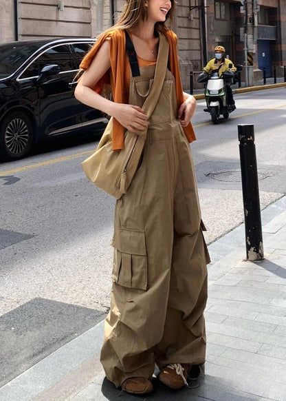 Khaki Pockets High Waist Cotton Jumpsuits Sleeveless